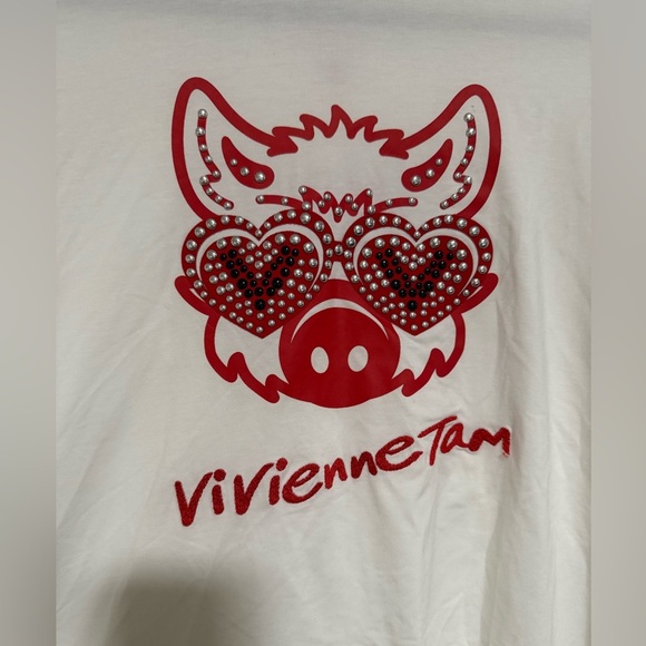 Vivienne Tam White Graphic Short Sleeve Tee Size Large Studded Embroidered Pig - Picture 3 of 11